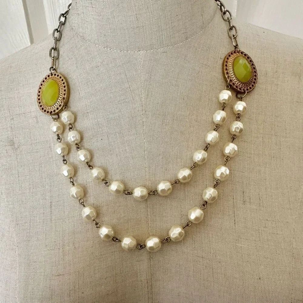 Green and  faux pearl double strand necklace